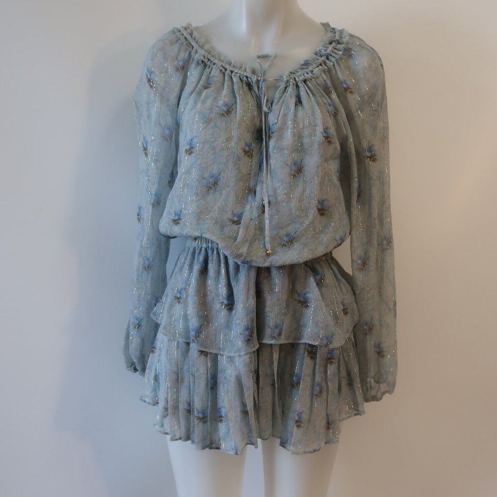 Womens LoveShackFancy Pale Blue Metallic Gold Silk Floral Mini Popover Dress XS